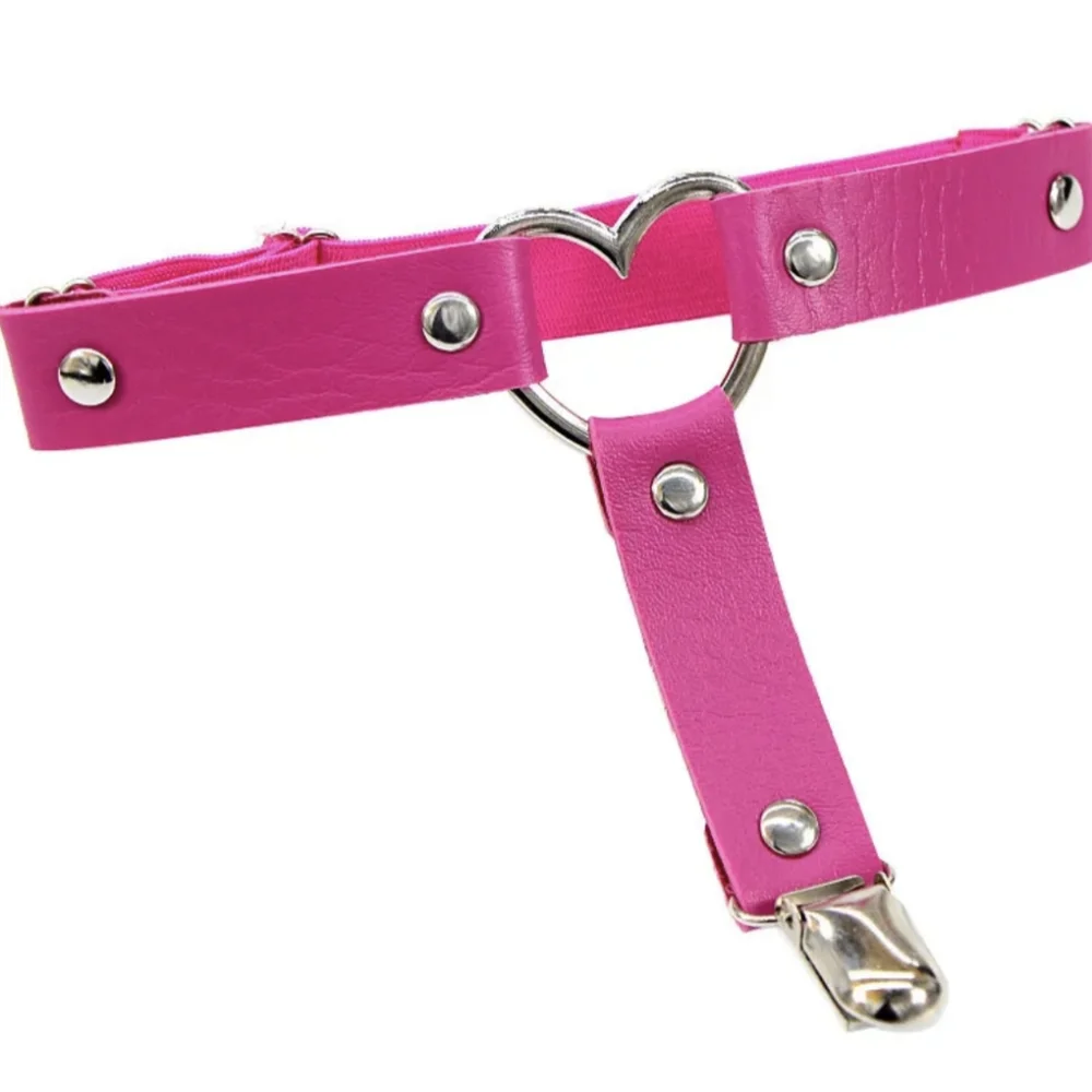 Hot Pink Leather Goth Metal Heart Holster Garter Belt